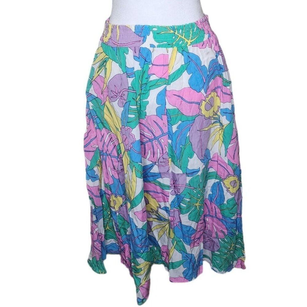 Vintage 80s Midi Skirt Womens M Blue Floral Flowing Tropical Banana Leaf